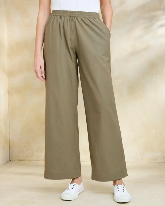 Cotton Traders Women's Pull On Cotton Trousers in Green, 100% Cotton
