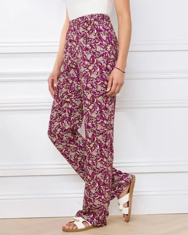Cotton Traders Women's Pull On Printed Crinkle Trousers in Pink, 100% Viscose