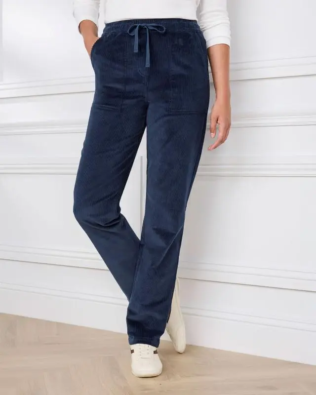 Cotton Traders Women's Cord Pull On Trousers in Blue, Cotton/Elastane