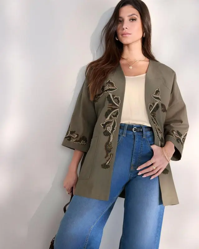 Cotton Traders Women's Oversized Embroidered Kimono in Green, 100% Cotton