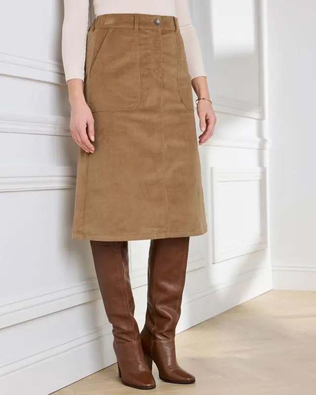 Cotton Traders Women's Stretch Cord Midi Skirt in Beige, Cotton/Elastane