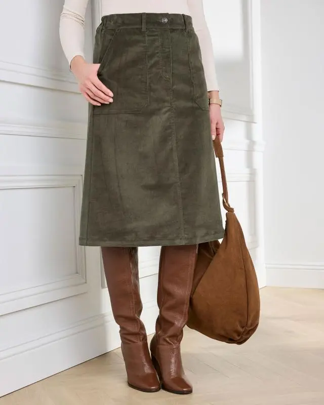 Cotton Traders Women's Stretch Cord Midi Skirt in Green, Cotton/Elastane