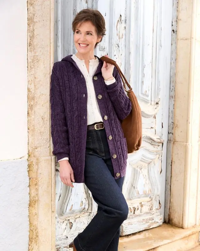 Cotton Traders Women's Hooded Cable Cardigan in Purple, 100% Acrylic