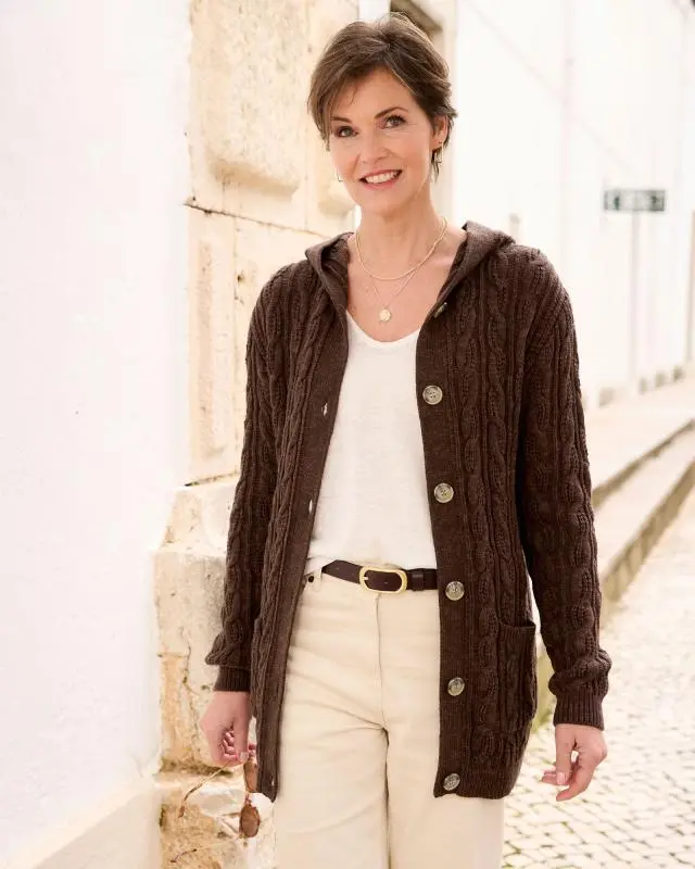 Cotton Traders Women's Hooded Cable Cardigan in Brown, 100% Acrylic