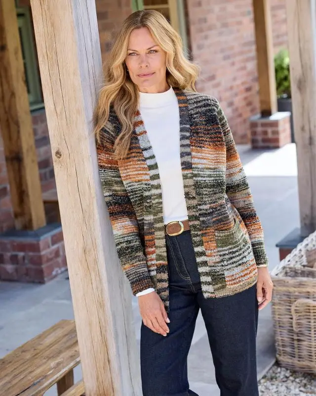 Cotton Traders Women's Stripe Edge to Edge Cardigan in Green, Polyester/Acrylic/Wool
