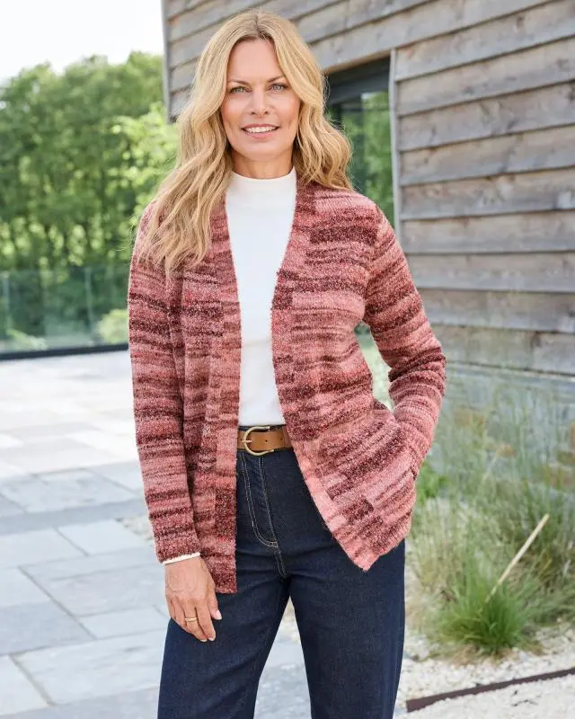 Cotton Traders Women's Stripe Edge to Edge Cardigan in Orange, Polyester/Acrylic/Wool