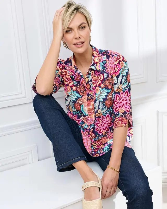 Cotton Traders Women's Print Tunic With Pockets in Blue, Viscose/Metallised