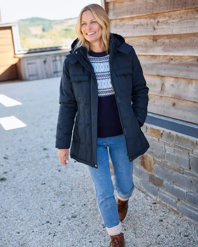 Cotton Traders Women's Short Padded Hooded Coat in Navy, 100% Polyester