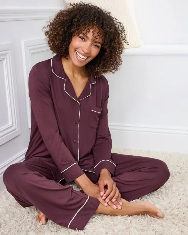Cotton Traders Women's Revere Collar PJ Set in Purple, Viscose/Elastane
