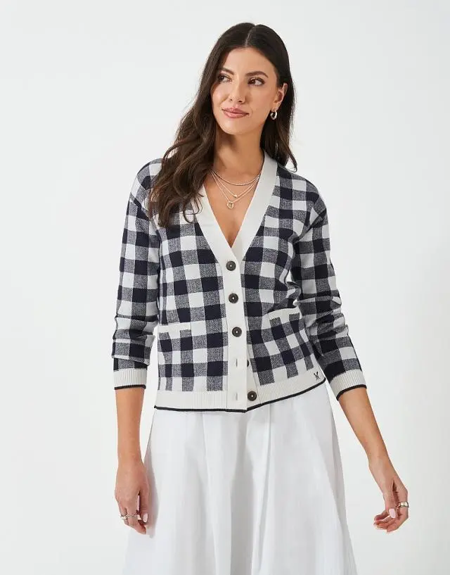 Crew Clothing V Neck Check Cardigan in Navy and White