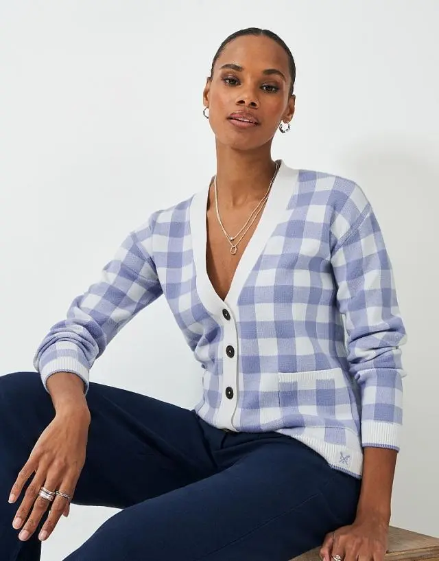 Crew Clothing V Neck Checked Cardigan in Blue and White