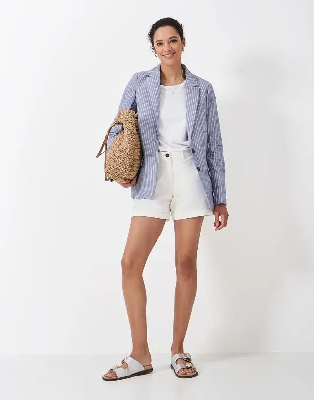 Crew Clothing Linen Blend Blazer in Blue White Stripe