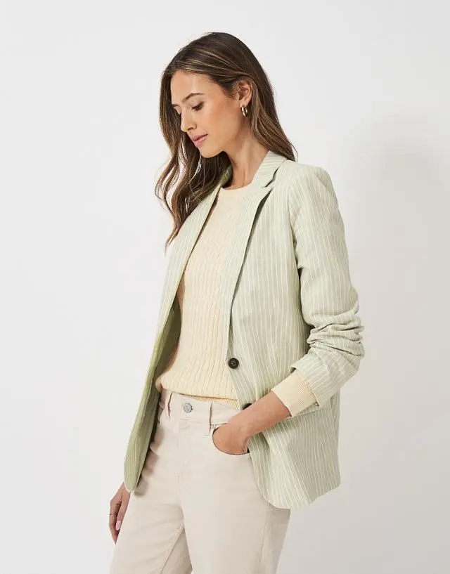 Crew Clothing Linen Blend Blazer in Oat White Stripe