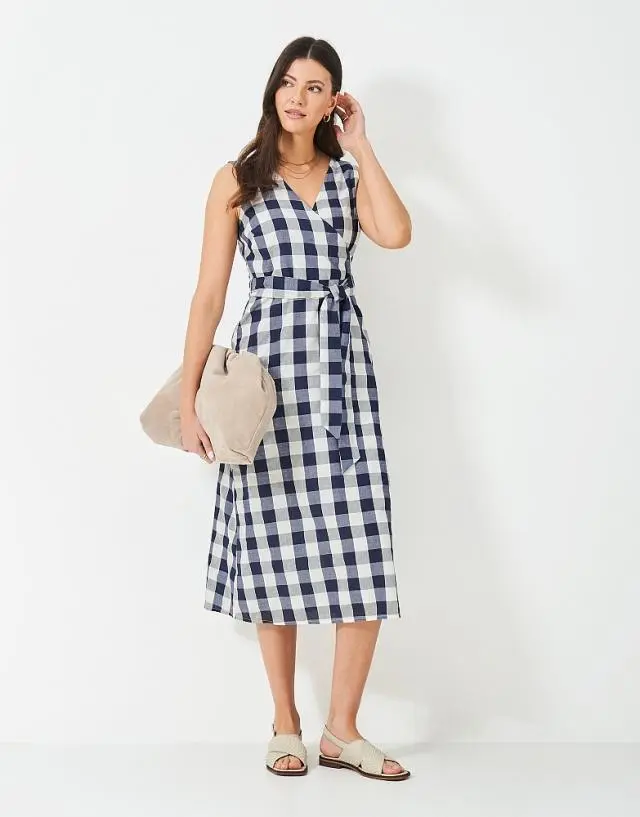 Crew Clothing Jenny Cotton Wrap Front Dress in Navy Check