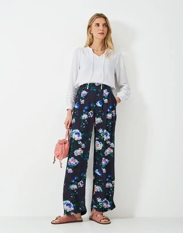Crew Clothing Dion Wide Leg Barge Print Trousers in Navy
