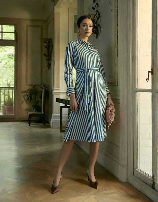 Crew Clothing Henley Stripe Shirt Dress in White and Blue