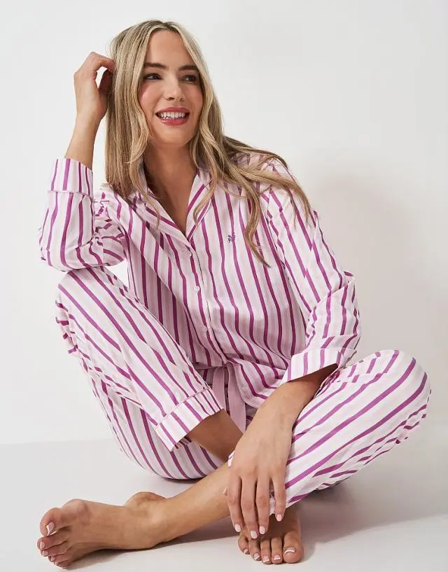 Crew Clothing Striped Cotton PJ Set in Pink