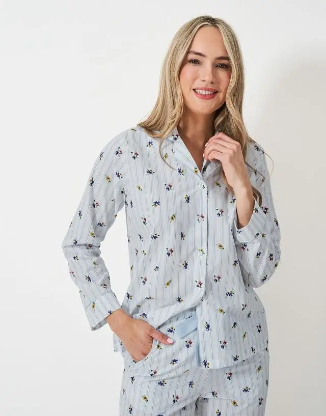Crew Clothing Floral Cotton PJ Set in Blue Stripe