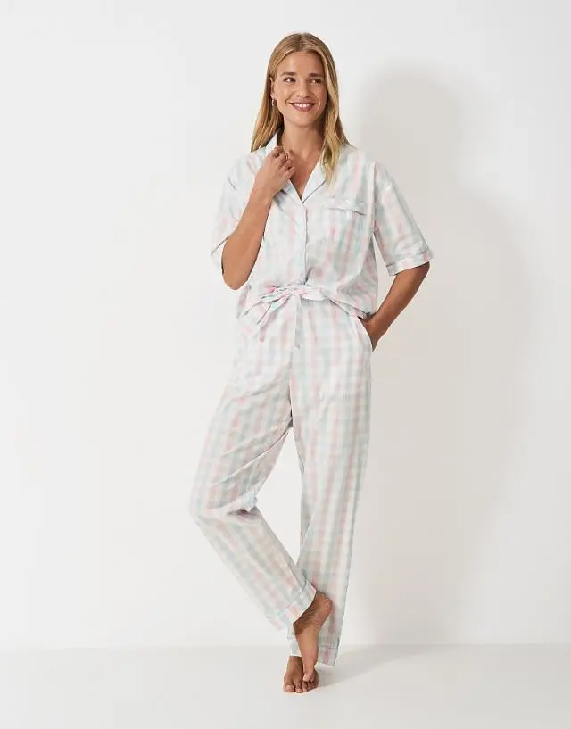 Crew Clothing Check Cotton PJ Set in Pink & Blue