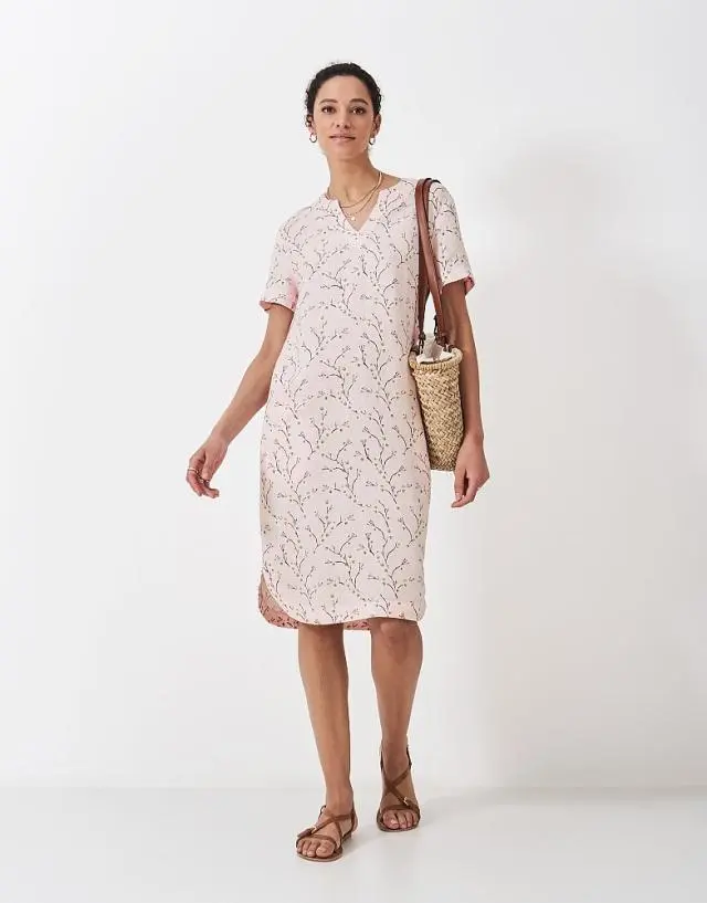 Crew Clothing Lea Linen Blend Shift Dress in Cherry Blossom Print