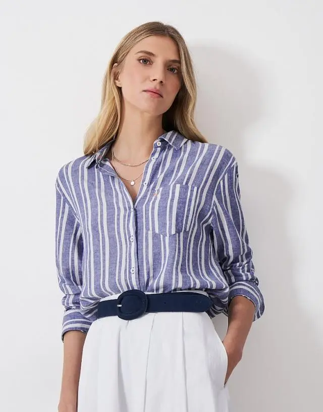 Crew Clothing Linen Blend Shirt in Blue Stripe