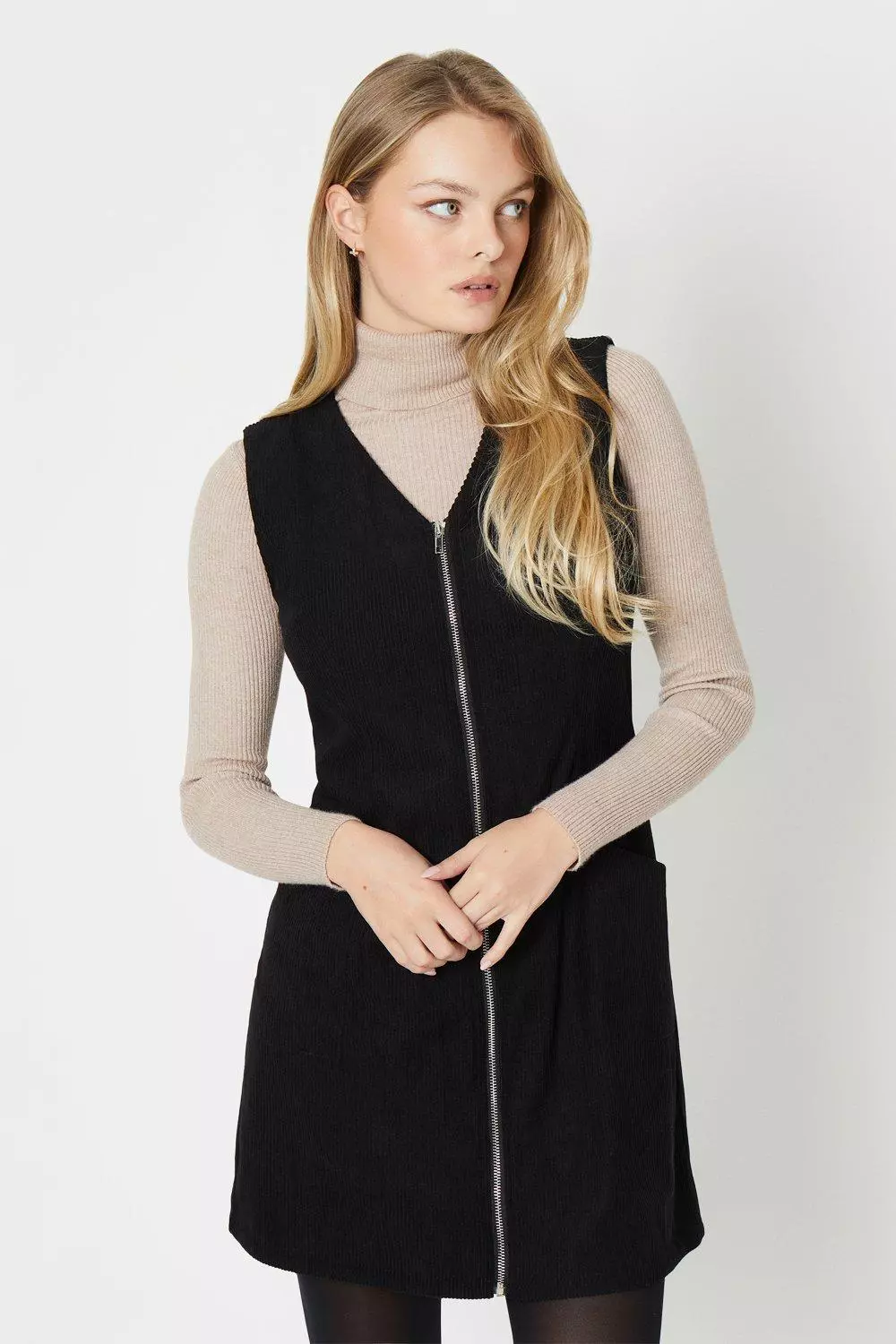 Cord Zip Front Mini Dress