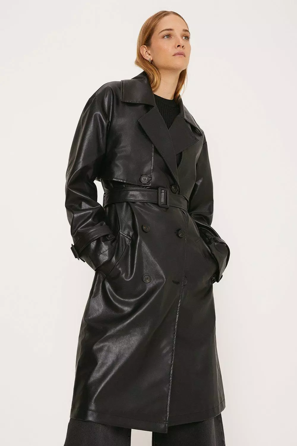 Pockets For Women - Black Longline Faux Leather Trench Coat