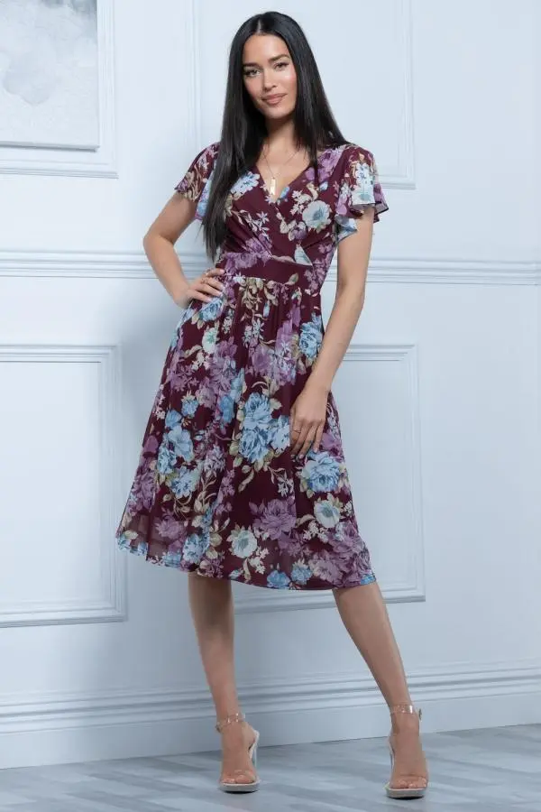 Jolie Moi Women's Lylah Cross Front Mesh Dress in Dark Red 