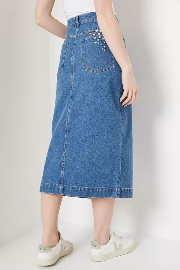 Embroidery Pocket Denim Midi Skirt
