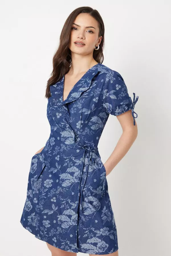 Chambray Printed Wrap Ruffle Mini Dress