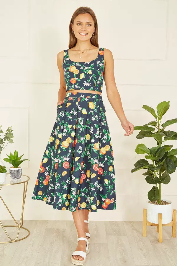 Navy Organic Cotton Citrus Print Midi Skirt