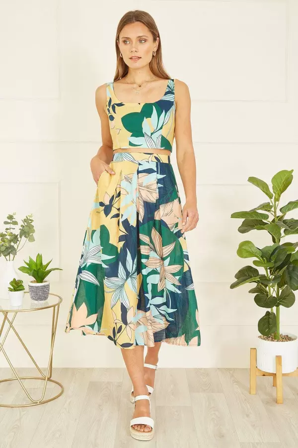 Multicolour Organic Cotton Leaf Print Midi Skirt