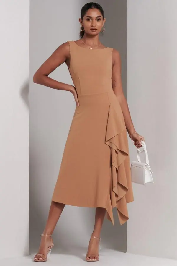 Jolie Moi Women's Haylen Frill Detail Midi Dress in Tan | Size: 10