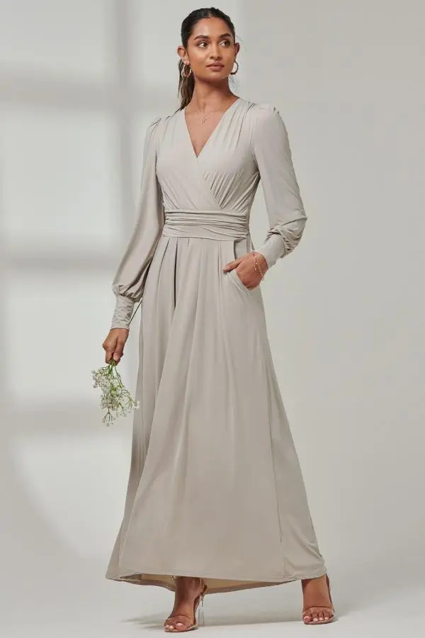 Jolie Moi Women's Giulia Long Sleeve Maxi Dress in Taupe 