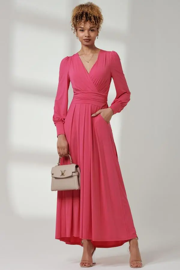 Jolie Moi Women's Giulia Long Sleeve Maxi Dress in Bright Pink 