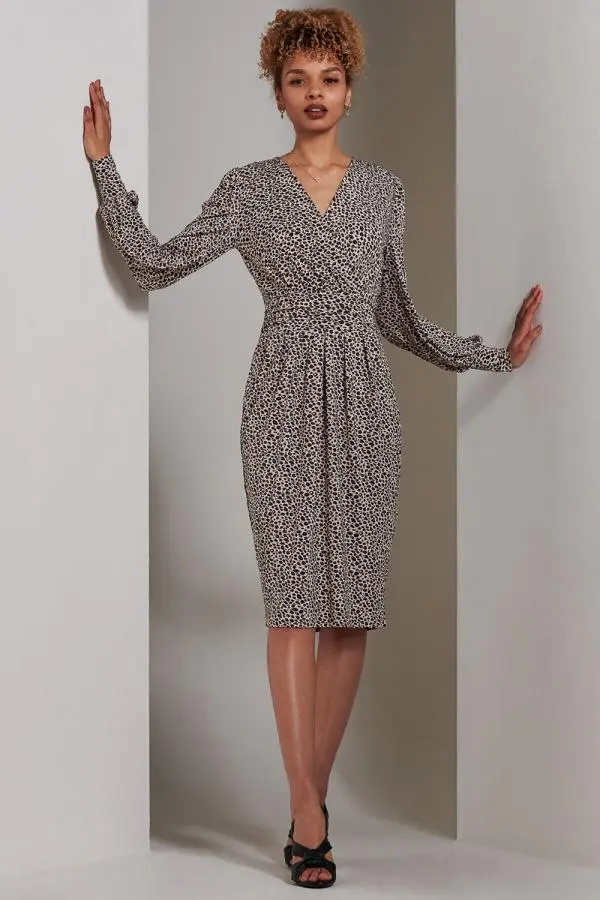 Jolie Moi Women's Gwen Print Long Sleeve Pegged Dress in Light Brown 