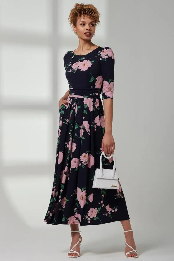 Jolie Moi Women's Goldie 3/4 Sleeve Jersey Maxi Dress in Navy 