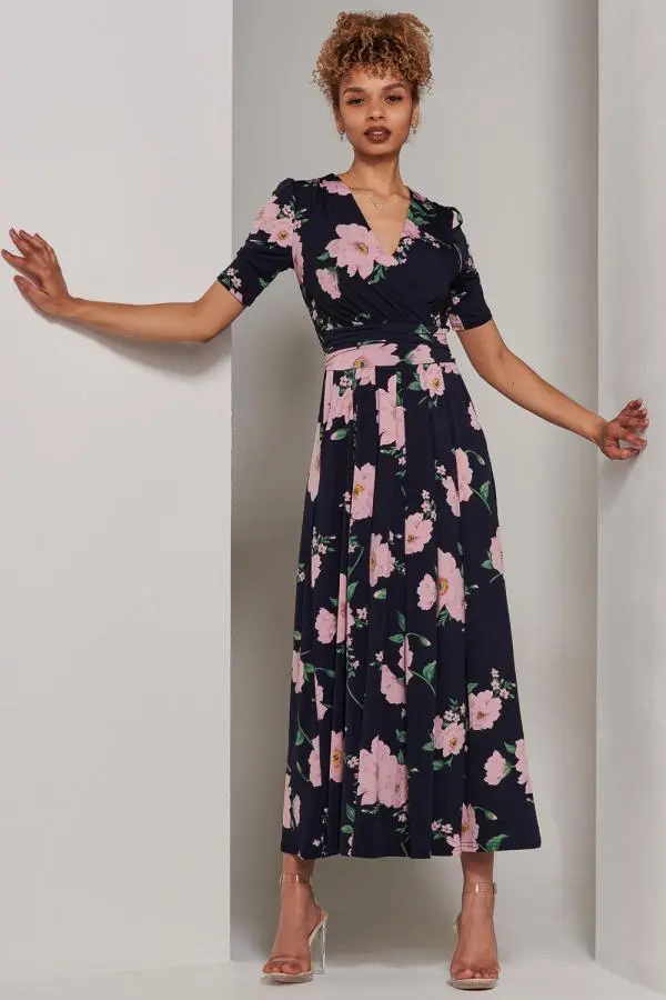 Jolie Moi Women's Kenzie Half Sleeve Jersey Maxi Dress in Navy 