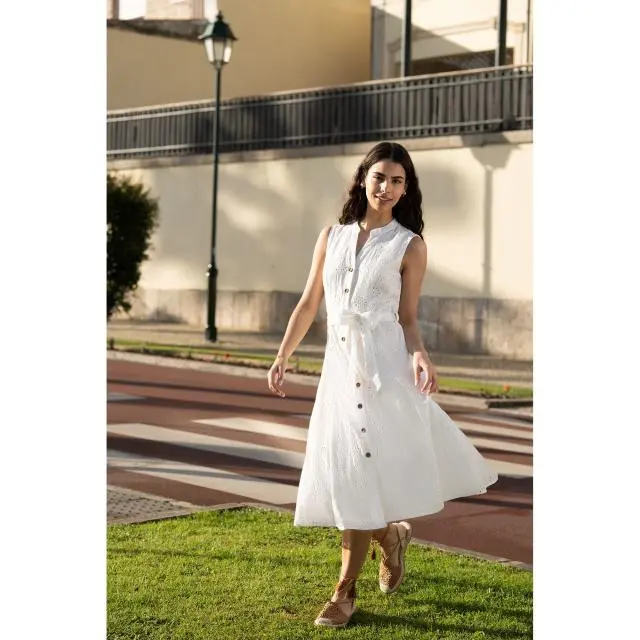 Yumi Women's White Flower Broderie Anglaise Cotton Shirt Dress 