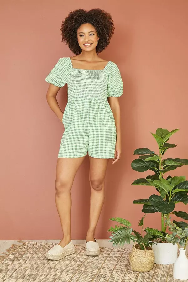 Green Cotton Gingham Puff Sleeve Playsuit