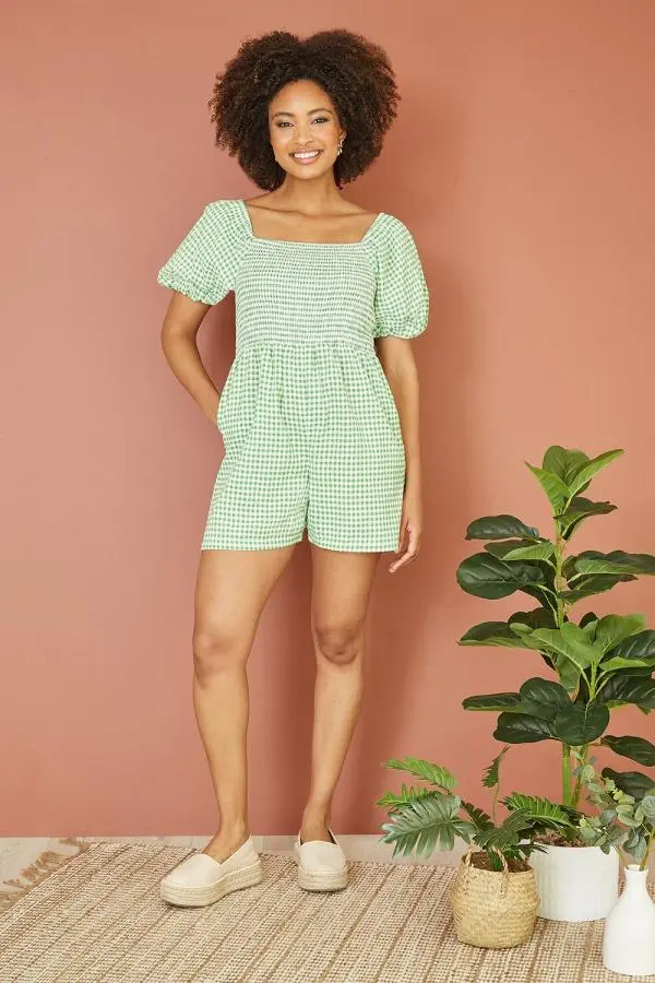 Yumi Women's Green Cotton Gingham Puff Sleeve Playsuit 