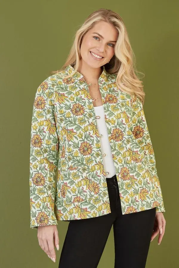 Yumi Women's Yellow Floral Print Reversible Cotton Quilted Jacket 