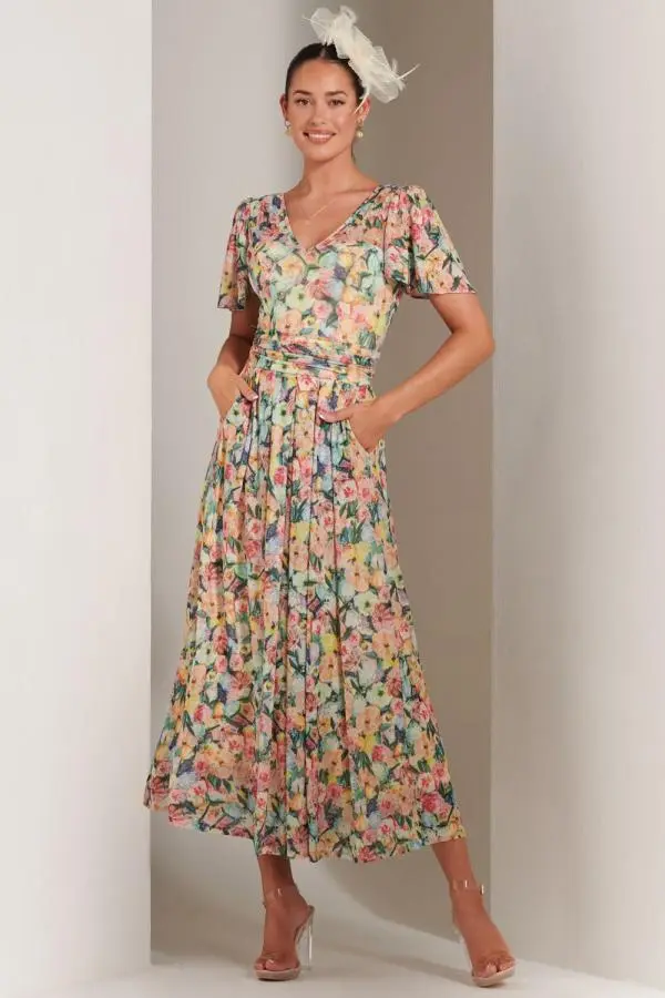 Jolie Moi Women's Bianca V-Neck Pleated Mesh Maxi Dress in Yellow 