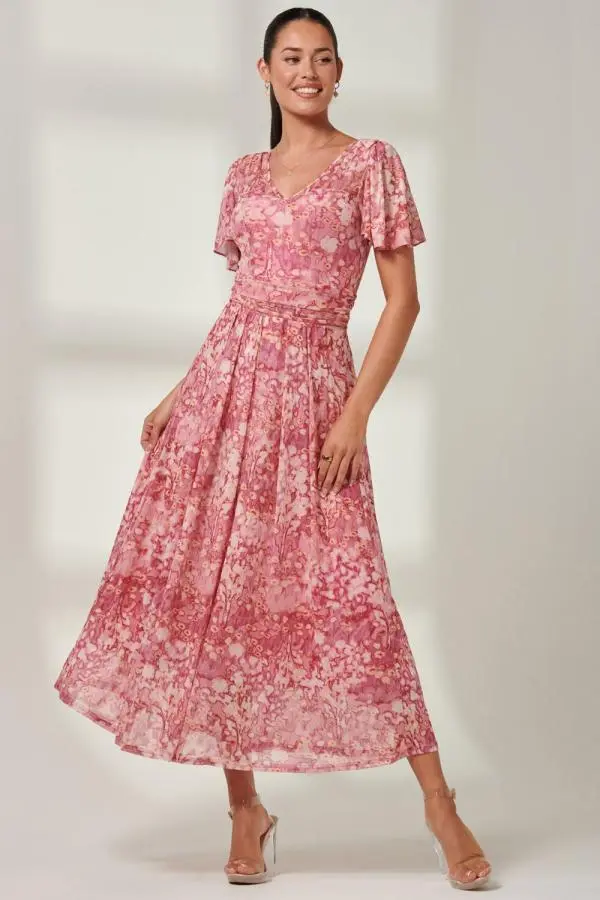 Jolie Moi Women's Bianca V-Neck Pleated Mesh Maxi Dress in Red 