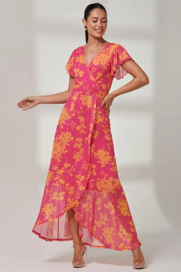 Jolie Moi Women's Gisselle Ruffle Hem Mesh Maxi Dress in Pink 