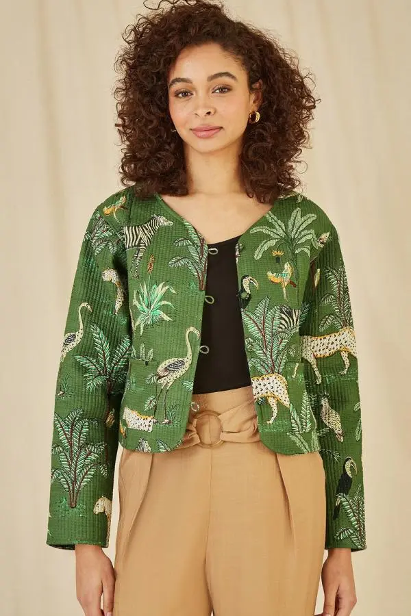 Yumi Women's Green Animal Print Reversible Cotton Cropped Quilted Jacket 