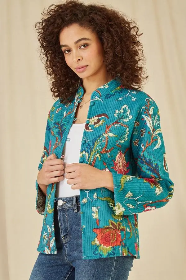 Yumi Women's Teal Floral Print Reversible Cotton Quilted Jacket 
