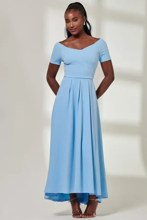 Jolie Moi Women's Yana Off-Shoulder Scuba Maxi Dress in Blue 
