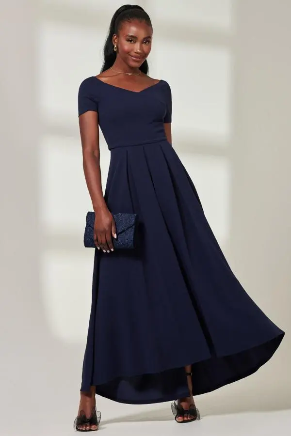 Jolie Moi Women's Yana Off-Shoulder Scuba Maxi Dress in Navy 