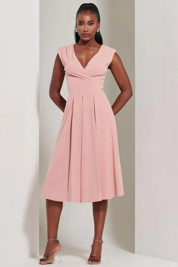 Jolie Moi Women's Yuina Scuba Pleated Flare Midi Dress in Pink 